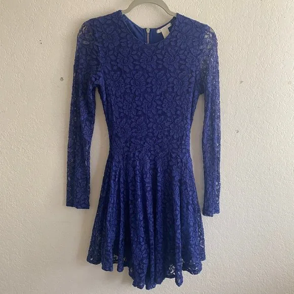 H&M Womens Mini Dress Lace Long Sleeve Floral Size 4 Spring Cobalt Blue Feminine - Picture 1 of 11